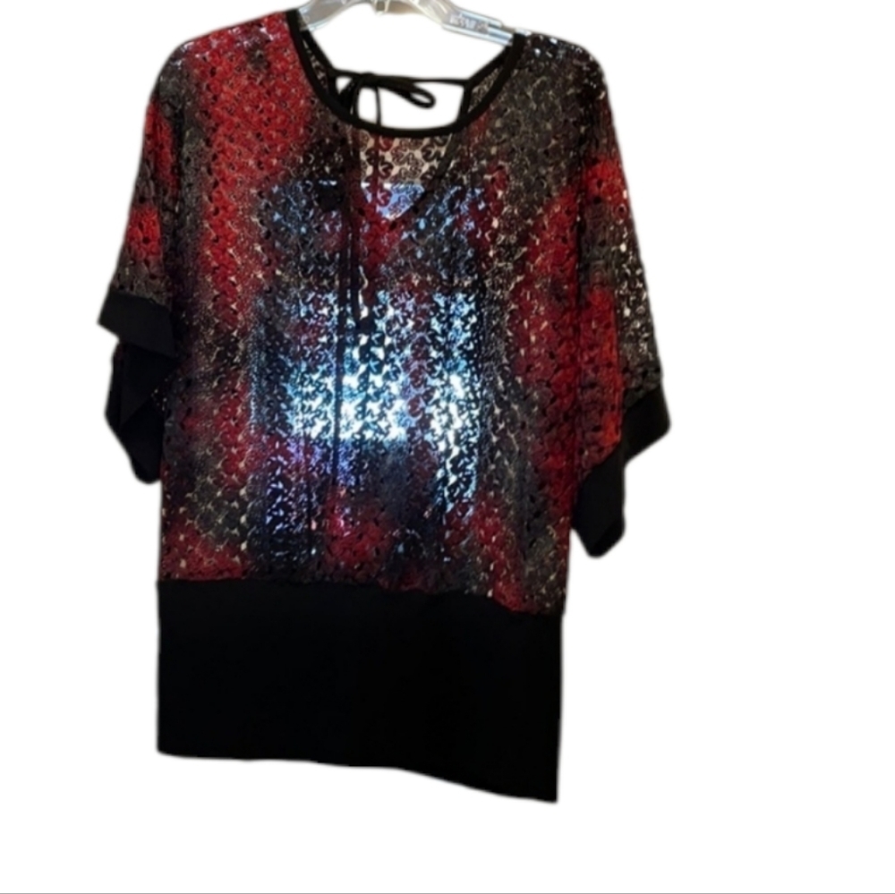 MICHAEL TYLER Red and black open lace tunic L